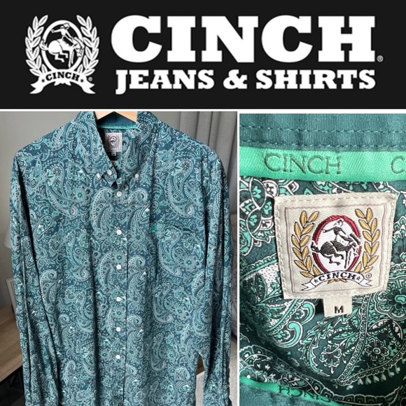 Cinch Men's Paisley Print Modern Fit Western Shirt Green/white Size M - Picture 1 of 14